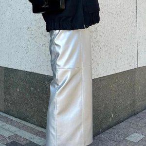 2024 High Waist Splice PU Maxi Skirt for Women - Loose Solid Street Fashion Skirt