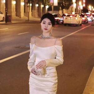 2024 Korean Style Satin Mini Dress - Long Sleeve Elegant Party Dress for Women