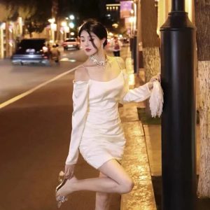 2024 Korean Style Satin Mini Dress - Long Sleeve Elegant Party Dress for Women