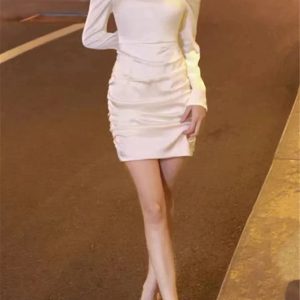 2024 Korean Style Satin Mini Dress - Long Sleeve Elegant Party Dress for Women