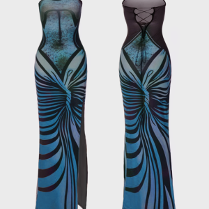 2024 New Body Print Split Strapless Maxi Dress - Y2K Aesthetic Sleeveless Style