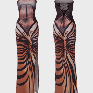 2024 New Body Print Split Strapless Maxi Dress - Y2K Aesthetic Sleeveless Style