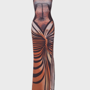 2024 New Body Print Split Strapless Maxi Dress - Y2K Aesthetic Sleeveless Style