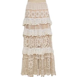 2024 New Bohemian Long Maxi Skirt with Lace Patchwork and Hollow Out Design in Beige