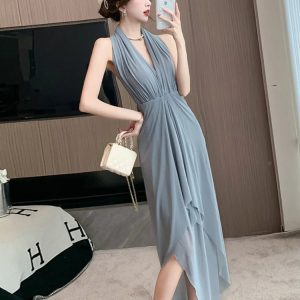 2024 New French Vintage Slim Backless Long Dress - Sexy Irregular V Neck Strapless Fashion