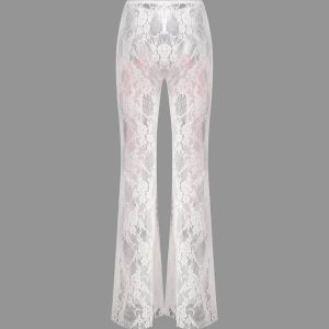 2024 New Lace Plain Bell-Bottom Trousers for Y2K Fashion and Coquette Aesthetic Styles