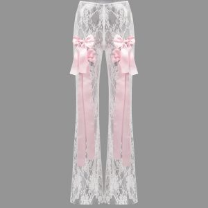 2024 New Lace Plain Bell-Bottom Trousers for Y2K Fashion and Coquette Aesthetic Styles