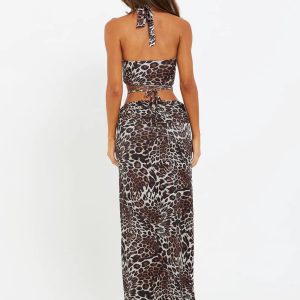 2024 New Leopard Print Halter Backless Maxi Dress Set - Y2K Fashion for Party & Streetwear