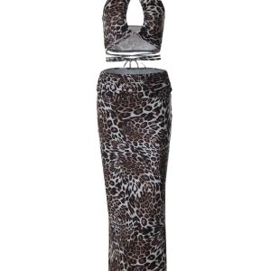 2024 New Leopard Print Halter Backless Maxi Dress Set - Y2K Fashion for Party & Streetwear