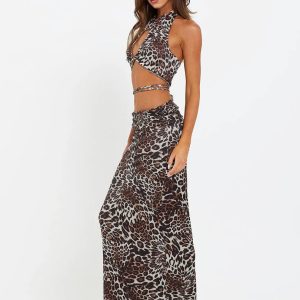 2024 New Leopard Print Halter Backless Maxi Dress Set - Y2K Fashion for Party & Streetwear