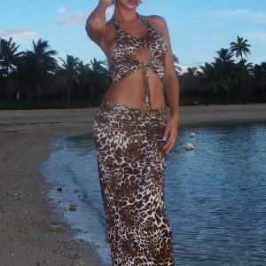 2024 New Leopard Print Halter Backless Maxi Dress Set - Y2K Fashion for Party & Streetwear