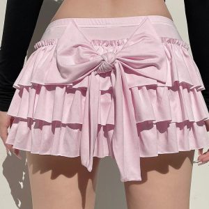 2024 New Pink Casual Sweet Bow A-Line Mini Skirt - Y2K Fashion Slim Low-Waisted Chic