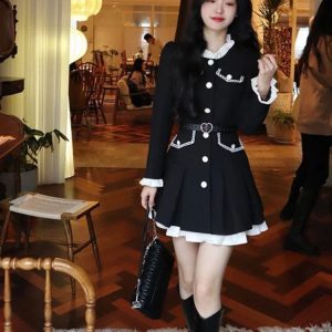 2024 New Pink Kawaii Y2K Mini Dress with Belt - Elegant Long Sleeve Casual Party Dress