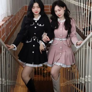 2024 New Pink Kawaii Y2K Mini Dress with Belt - Elegant Long Sleeve Casual Party Dress