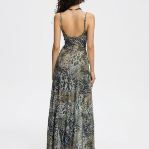 2024 New Slim V-Neck Leopard Print Sleeveless Maxi Dress for Y2K and Coquette Aesthetic