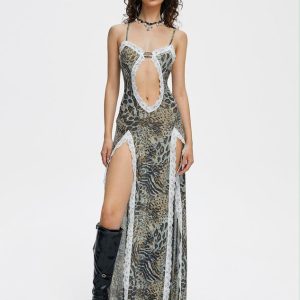 2024 New Slim V-Neck Leopard Print Sleeveless Maxi Dress for Y2K and Coquette Aesthetic