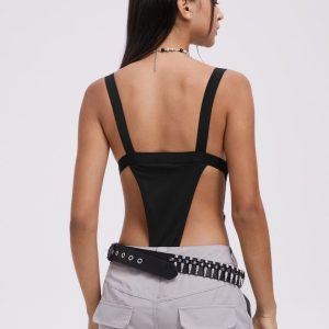 2024 New Street Black Slim Cut Out Y2K Cyberpunk Bodysuit for Edgy Aesthetic Fashion