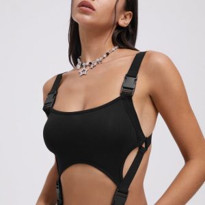 2024 New Street Black Slim Cut Out Y2K Cyberpunk Bodysuit for Edgy Aesthetic Fashion