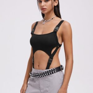 2024 New Street Black Slim Cut Out Y2K Cyberpunk Bodysuit for Edgy Aesthetic Fashion