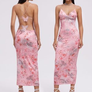 2024 New Y2K Backless Halter Butterfly Sleeveless Maxi Dress for Aesthetic Outfits