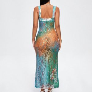 2024 New Y2K Cut Out Lace Spaghetti Ombre Maxi Dress for Coquette and Grunge Aesthetics