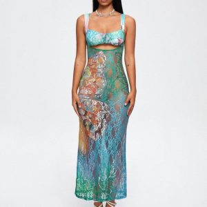 2024 New Y2K Cut Out Lace Spaghetti Ombre Maxi Dress for Coquette and Grunge Aesthetics