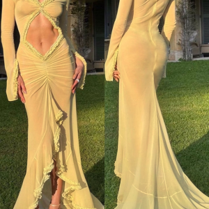 2024 New Y2K Cut Out Mesh V Neck Long Sleeve Maxi Dress for Aesthetic Outfits