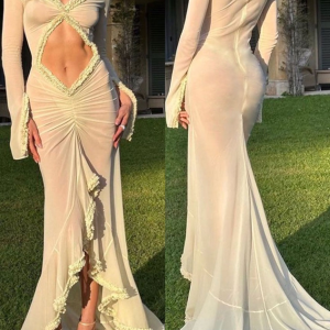 2024 New Y2K Cut Out Mesh V Neck Long Sleeve Maxi Dress for Aesthetic Outfits