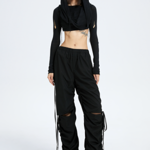 2024 New Y2K Edgy Black Hooded Cut-Out Sweater for Grunge Aesthetic Lovers