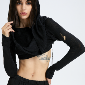 2024 New Y2K Edgy Black Hooded Cut-Out Sweater for Grunge Aesthetic Lovers