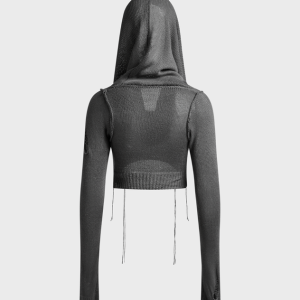 2024 New Y2K Edgy Black Hooded Cut-Out Sweater for Grunge Aesthetic Lovers