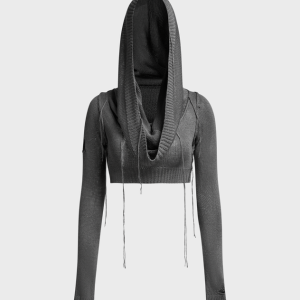 2024 New Y2K Edgy Black Hooded Cut-Out Sweater for Grunge Aesthetic Lovers