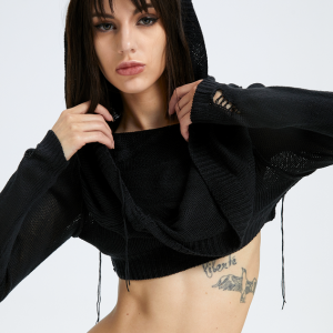 2024 New Y2K Edgy Black Hooded Cut-Out Sweater for Grunge Aesthetic Lovers