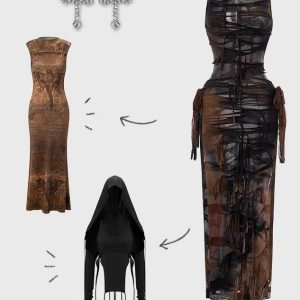 2024 New Y2K Grunge Brown Slim Cut Out Midi Dress for Edgy Fashion Lovers