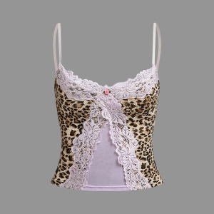 2024 New Y2K Lace Spaghetti Leopard Cami Top - Trendy Coquette Aesthetic Fashion