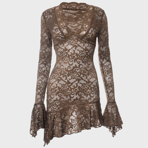 2024 New Y2K Lace V Neck Long Sleeve Mini Dress - Chic Coquette Aesthetic Style