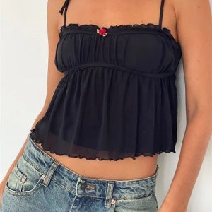 2024 Ruffled Patchwork Camisole with Tie-Up Straps - Cute Summer Mini Vest for Party & Clubwear