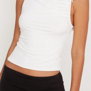 2024 Solid Color Asymmetrical Neck Ruched Slim Fit Summer Crop Top - Y2K Aesthetic Clubwear