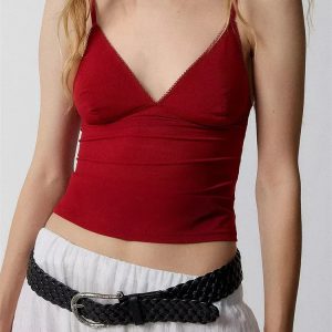 2024 Solid Color V-Neck Backless Spaghetti Strap Mini Vest Crop Top for Y2K Aesthetic Style