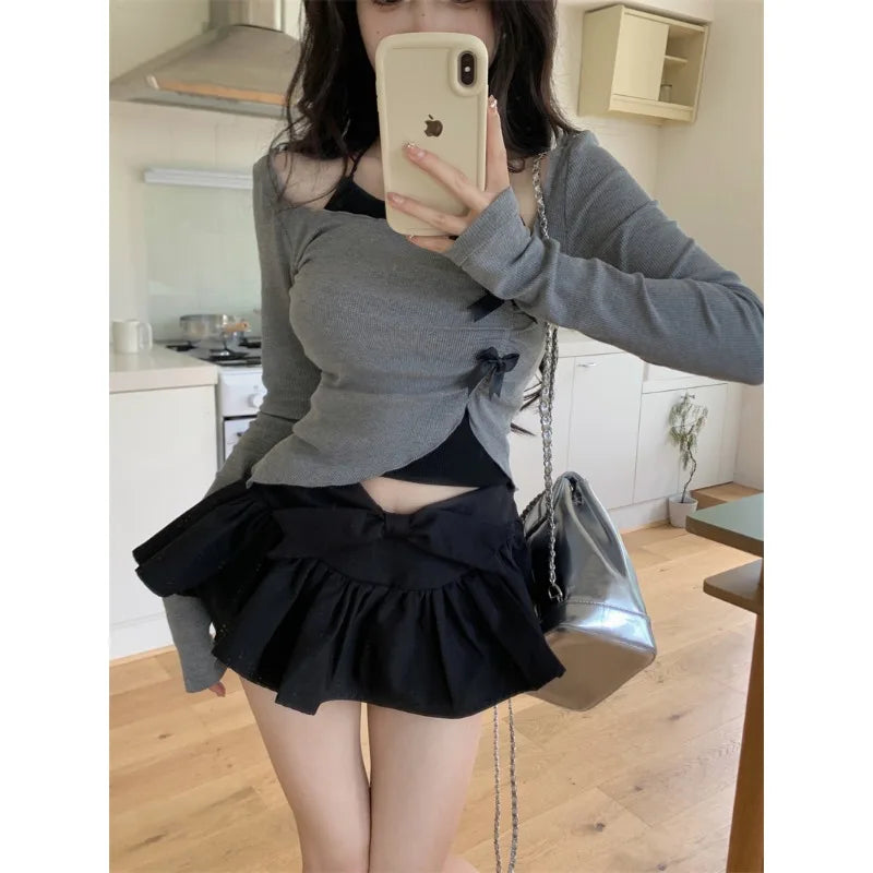 2024 Spring Korean Y2K Bow Asymmetric Long-Sleeve Tee & Pleated A-Line Skirt Set