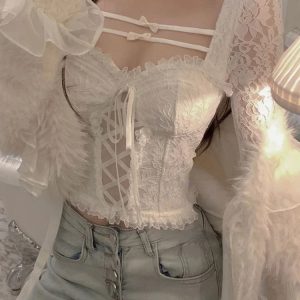 2024 Spring Y2K Crop Top: Sexy Bodycon White Blouse with Vintage Lace Long Sleeves