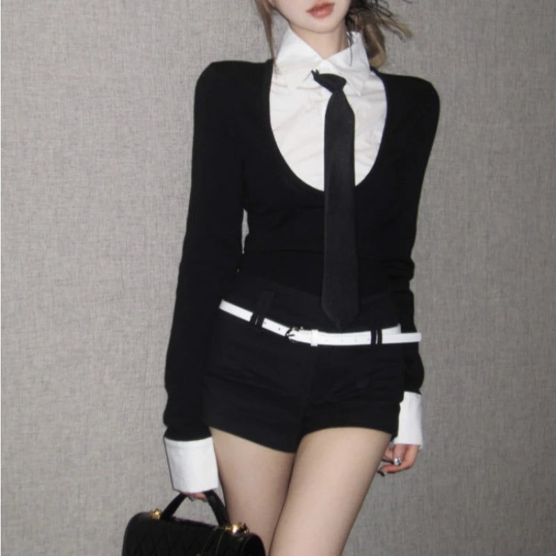 2024 Spring Y2K Fashion Polo Collar Color Block Long Sleeve Shirt & Slim Shorts Set for Women