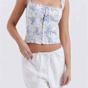 2024 Square Neck Y2K Fairy Sleeveless Button-Up Mini Vest Crop Top for Summer Streetwear