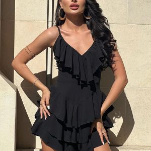 2024 Summer Deep V Neck Beach Dress - Slim Pleated Ruffle Backless Maxi for Holiday Vibes