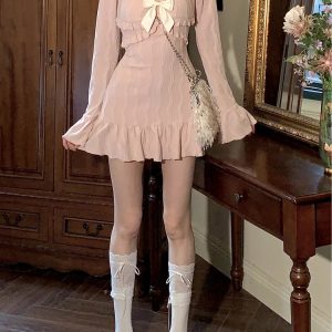 2024 Summer Pink Y2K Mini Dress - French Elegant Flare Sleeve Casual Party Dress