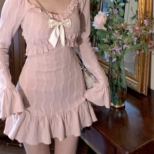 2024 Summer Pink Y2K Mini Dress - French Elegant Flare Sleeve Casual Party Dress