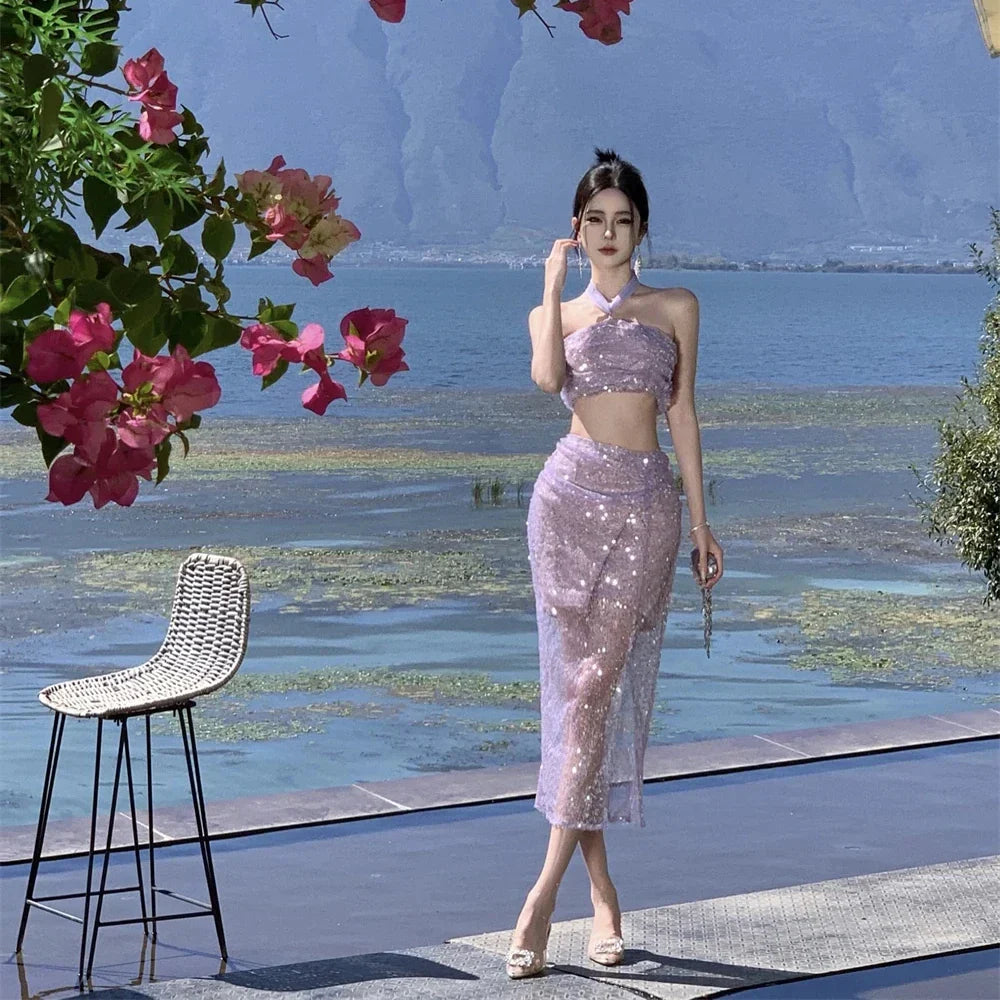 2024 Summer Purple Sequin Y2K Set: Sexy Split Dress & Comfy Top for Beach Elegance