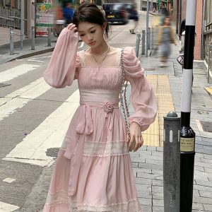 2024 Summer Women's Y2K Fashion Elegant Lace Midi Dress with Long Sleeves & Chiffon Details