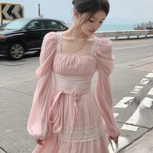 2024 Summer Women's Y2K Fashion Elegant Lace Midi Dress with Long Sleeves & Chiffon Details