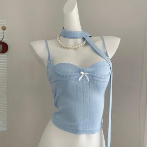 2024 Summer Women's Y2K Vintage Blue Crop Top - 90s Aesthetic Off-Shoulder Sleeveless Vest